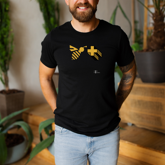 Bee Positive alternative design, all yellow, flat graphics, on a black tee.