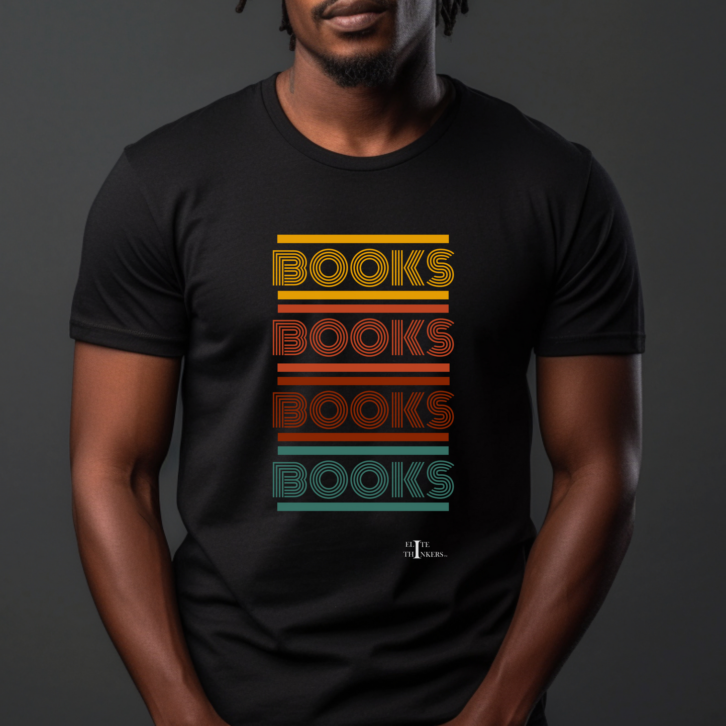 Multi-color 'books' stack on black tee.