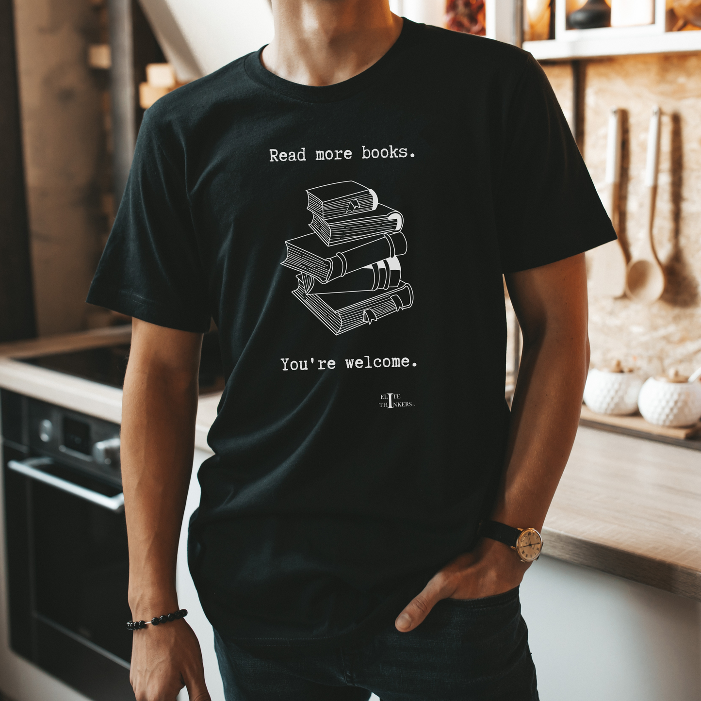 Read More Books, on black tee.