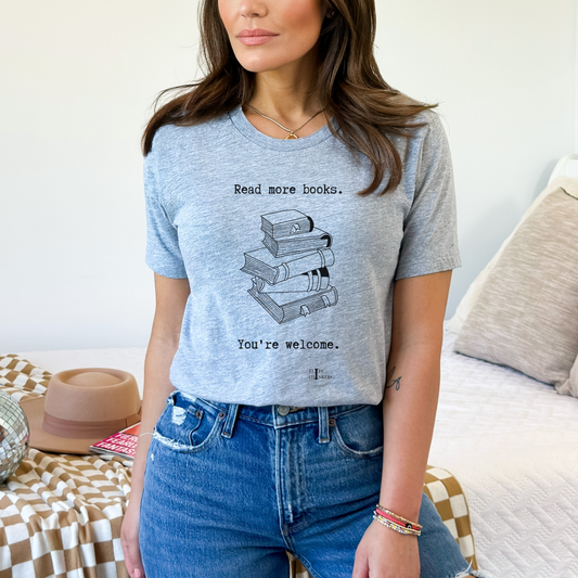 Read More Books, on gray tee.