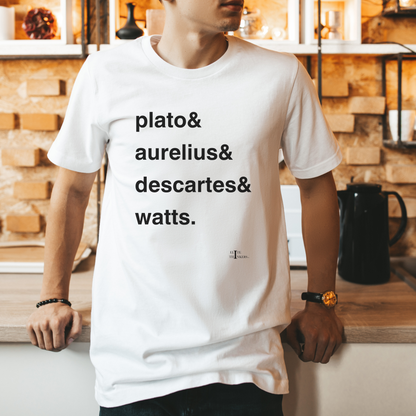 Philosopher names, on white tee.