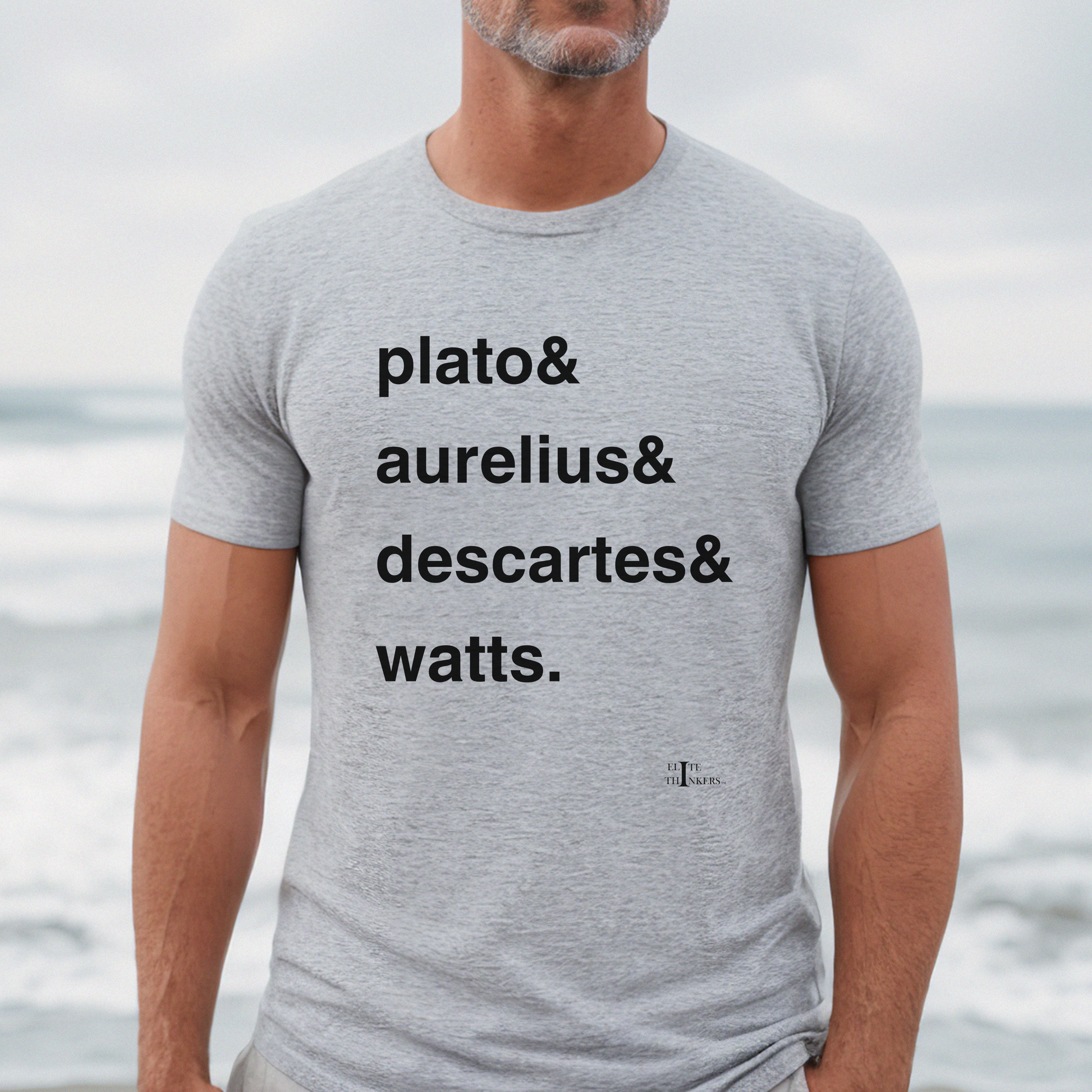 Philosopher names, on gray tee.